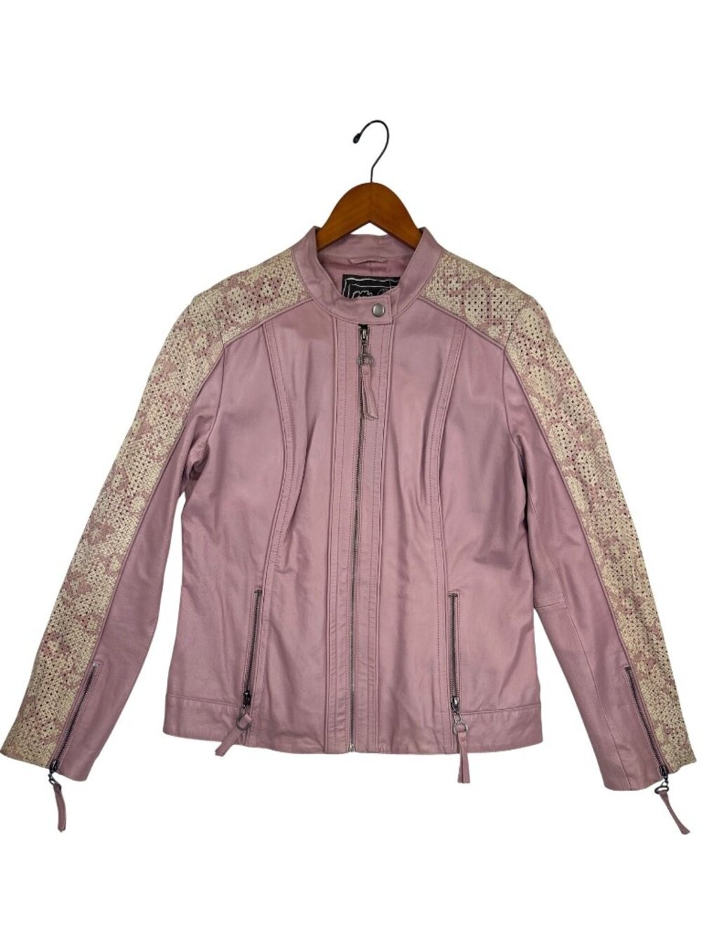 Chi by Falchi Women's M Mauve Pink Genuine Leather Moto Jacket Snakeskin Print